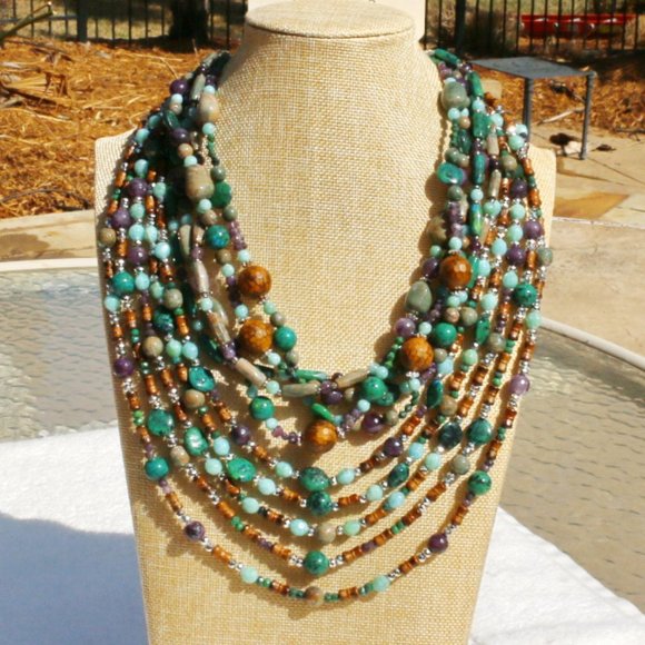 2 Necklace Set Boho Multi Strand Stone Bead Gemstone Silver Handmade NWT - Picture 1 of 9